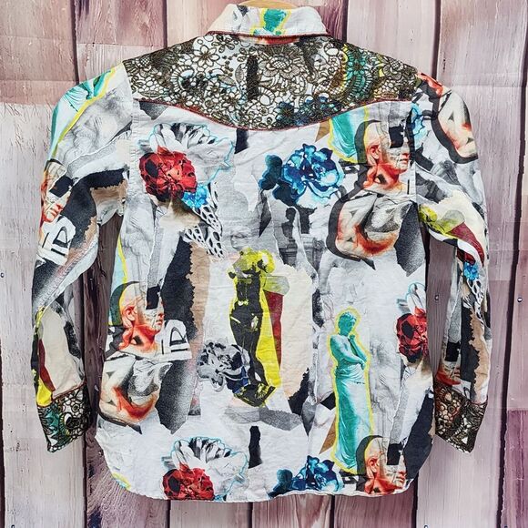 Robert Graham Limited Womens XL Sculpture Shirt Linen Blend Gold Emb Abstract - Picture 3 of 14